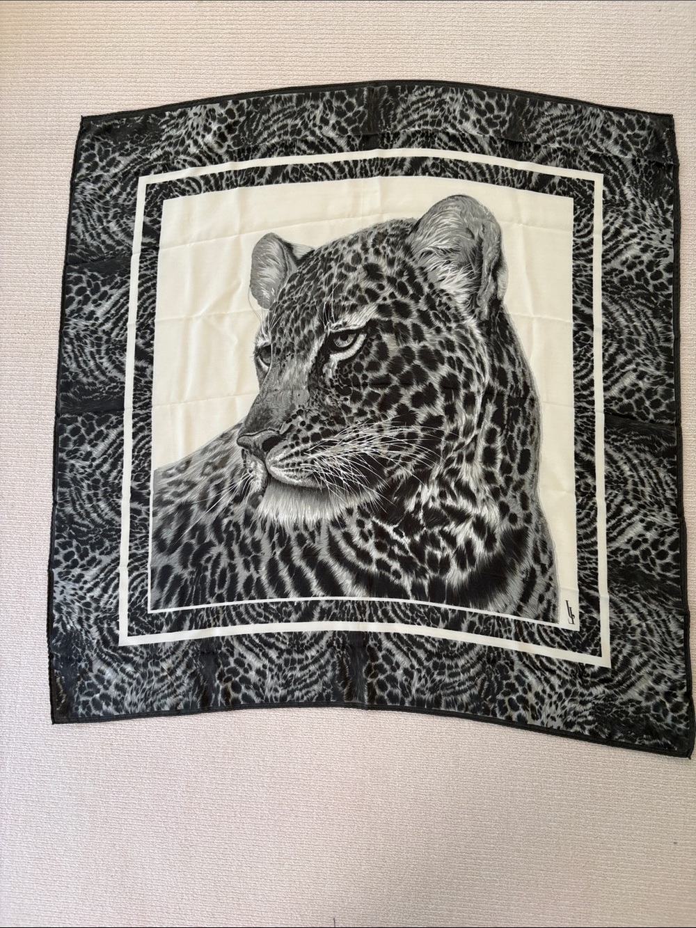 Olive and Cream Leopard Face Silk-Style Scarf